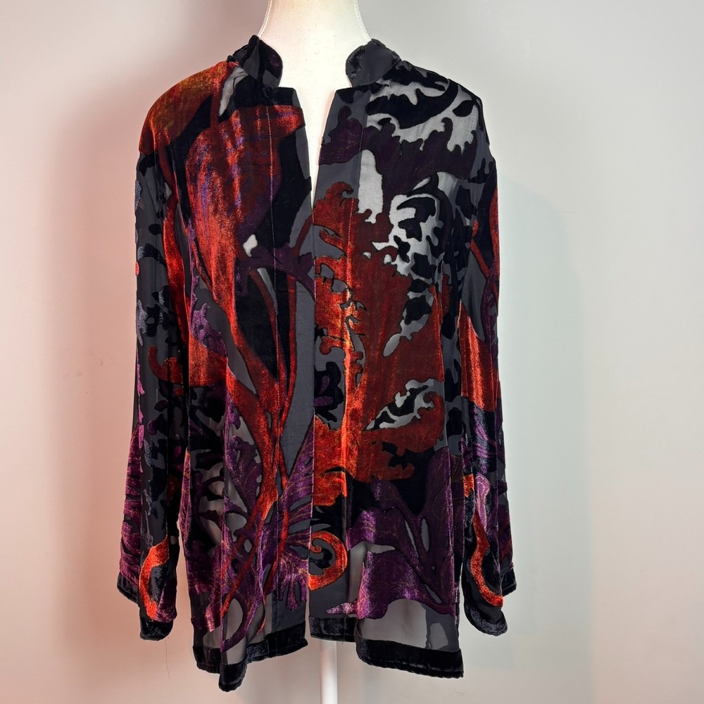 Chico's Collection Burnout Velvet Mesh Black Red Purple Open Jacket sz 3/XL Boho